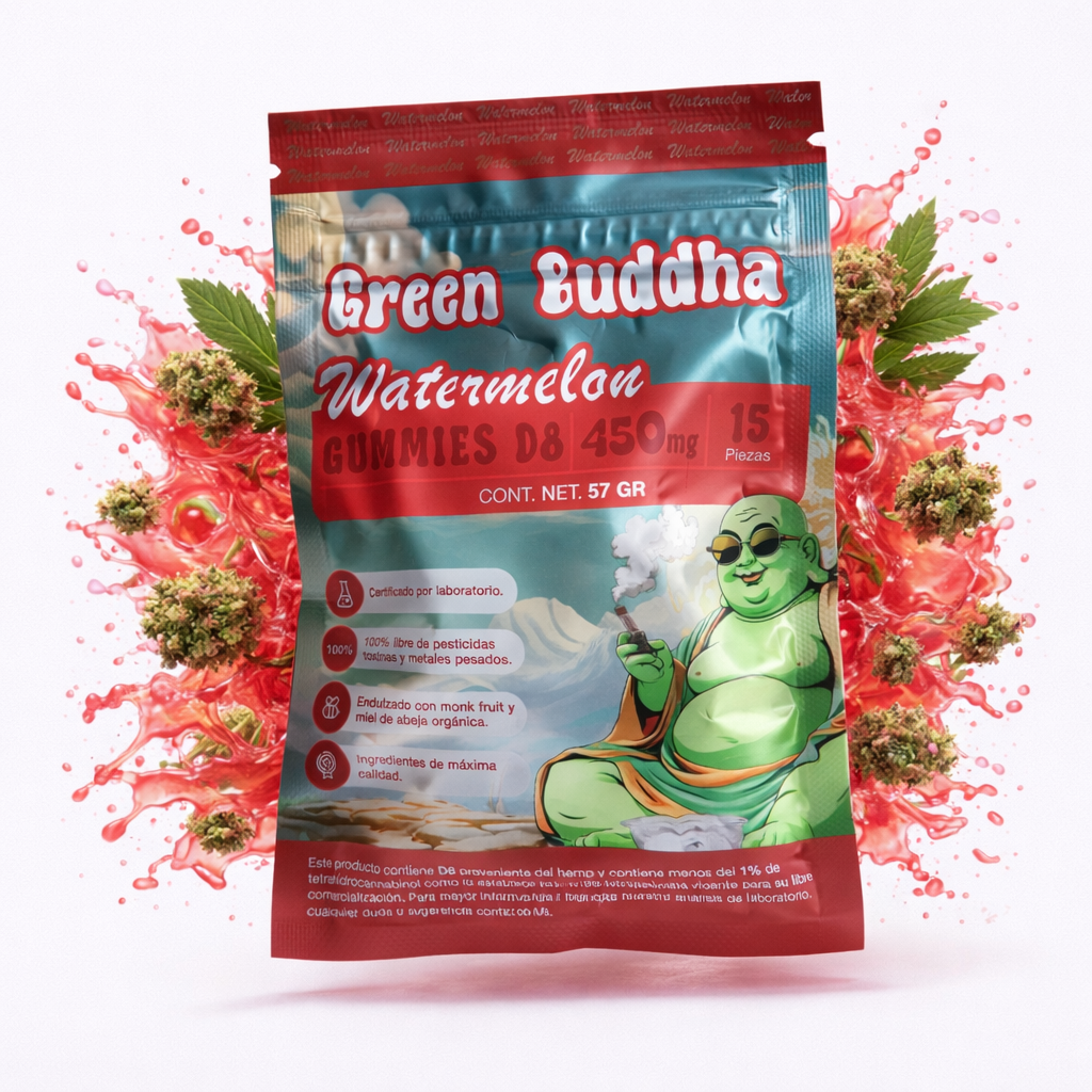 Green Buddha Gummies D8 450 mg | 15 Piezas | Sabores Watermelon & Lychee