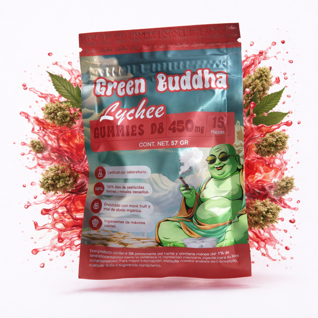 Green Buddha Gummies D8 450 mg | 15 Piezas | Sabores Watermelon & Lychee
